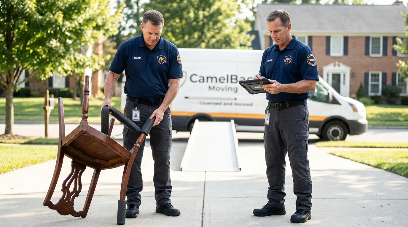 Movers inspecting furniture for damage prevention before loading in Altamont, TN