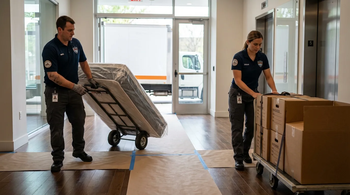 Professional apartment movers loading elevator in Altamont, TN